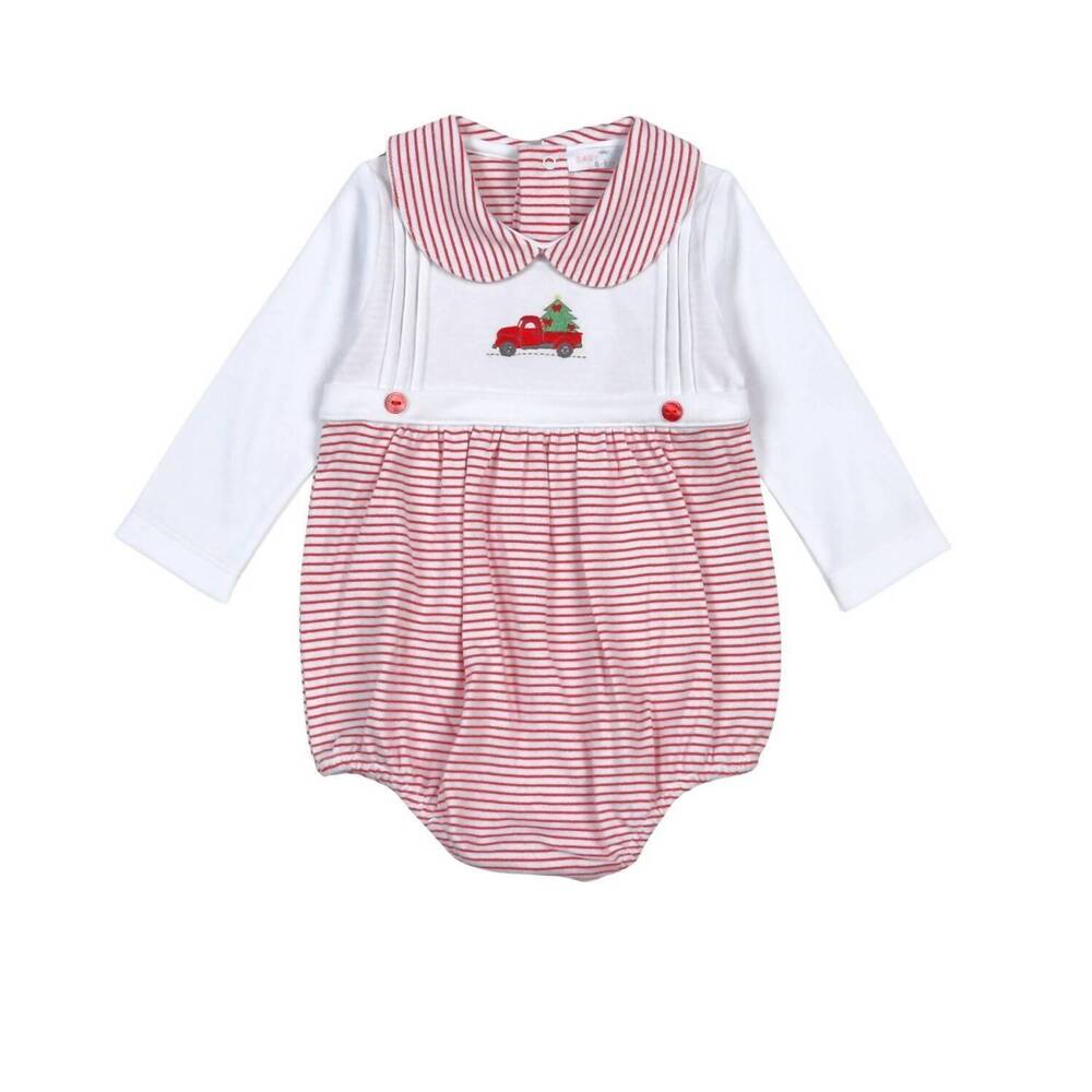 NEW BABY LOREN boy’s christmas truck hand embroidered bubble in red